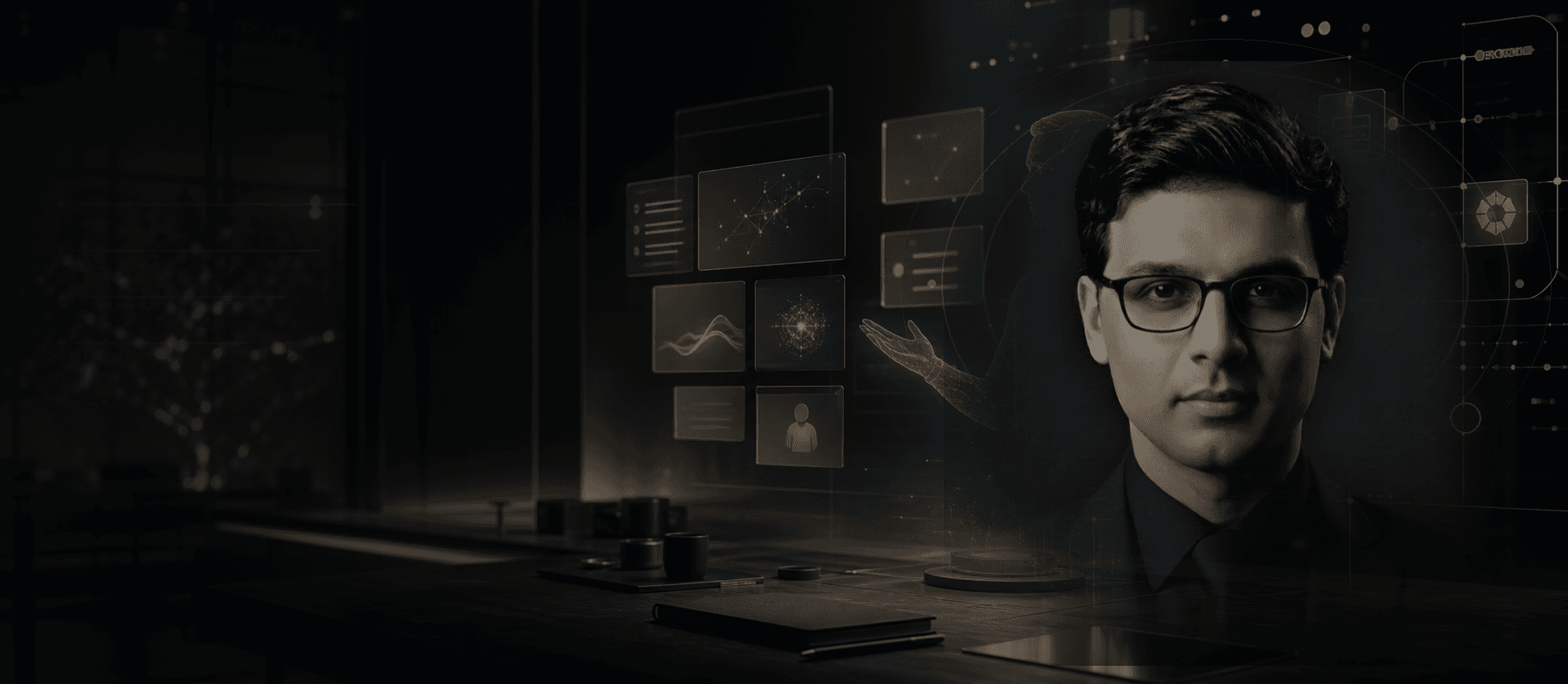 Prasan portrait blended with an AI Digital Twin knowledge halo